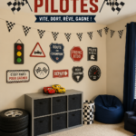 Chambre d'enfant décorée sur le thème des voitures de course, avec des couleurs vives et des motifs dynamiques.
