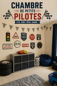 Chambre d'enfant décorée sur le thème des voitures de course, avec des couleurs vives et des motifs dynamiques.