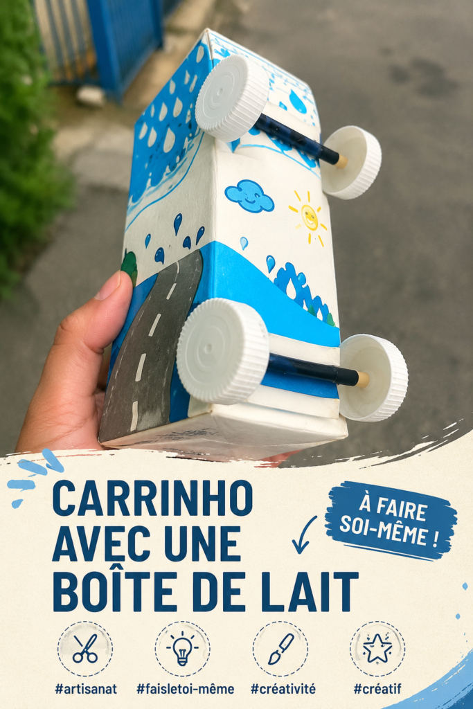 Chariot en bois fait maison avec boîte de lait, décoré avec des peintures colorées.
