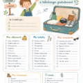 Check-list de valise pour la classe verte avec des illustrations d'objets essentiels.