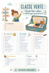 Check-list de valise pour la classe verte avec des illustrations d'objets essentiels.