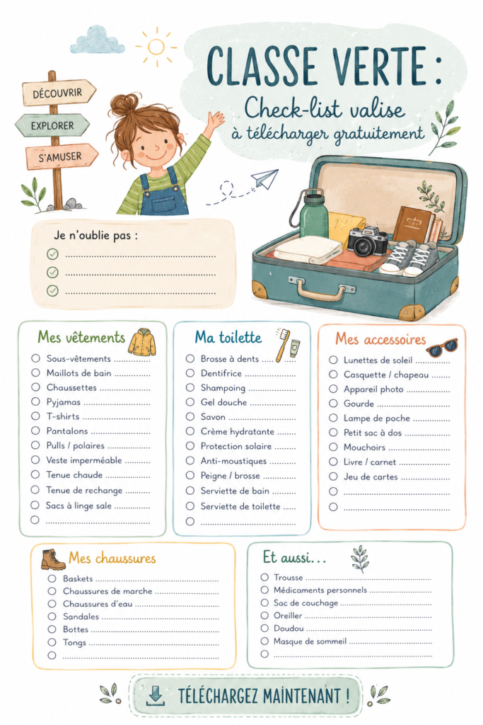 Check-list de valise pour la classe verte avec des illustrations d'objets essentiels.