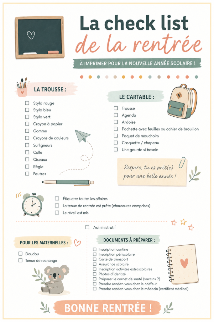 Checklist imprimable pour la rentrée scolaire avec fournitures et conseils
