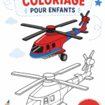 Un enfant colorie un dessin d'hélicoptère avec des crayons de couleurs.