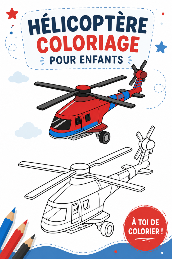 Un enfant colorie un dessin d'hélicoptère avec des crayons de couleurs.
