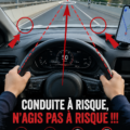 Femme conduisant prudemment dans une voiture, souriante et attentive.