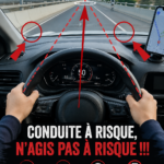 Femme conduisant prudemment dans une voiture, souriante et attentive.