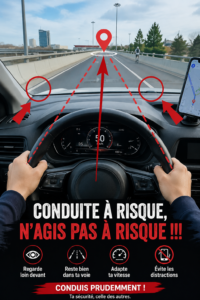 Femme conduisant prudemment dans une voiture, souriante et attentive.