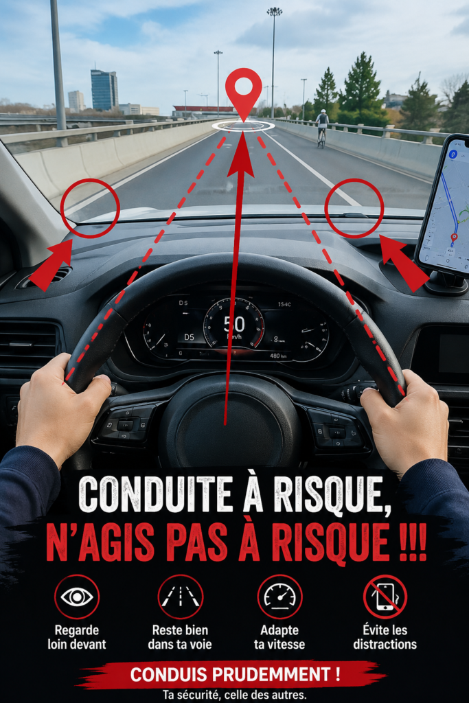 Femme conduisant prudemment dans une voiture, souriante et attentive.