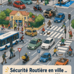 Vue d'une route urbaine avec des voitures en circulation, reflétant l'importance de la sécurité routière.