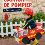 Un enfant portant un costume de pompier fait maison, souriant et prêt à jouer.