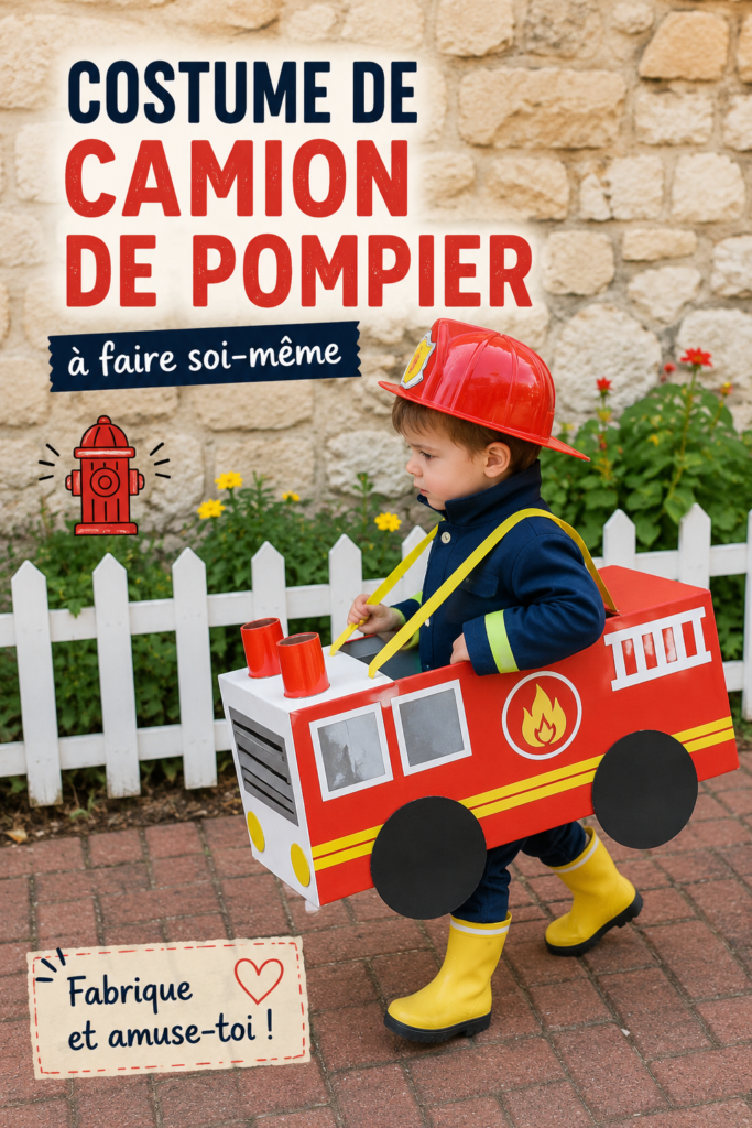 Un enfant portant un costume de pompier fait maison, souriant et prêt à jouer.