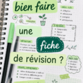 Femme utilisant une fiche de révision pour étudier.