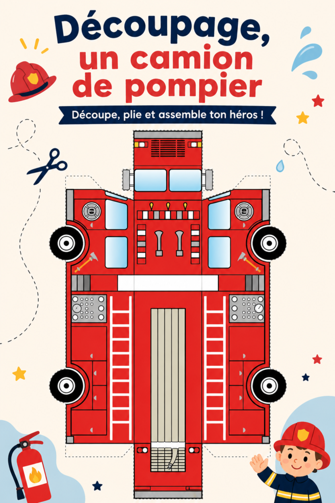 Un enfant découpe un modèle coloré de camion de pompier.