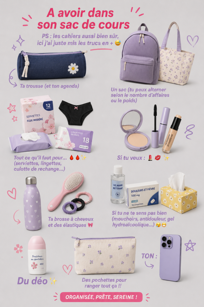 Image d'un sac de cours bien organisé avec des fournitures scolaires