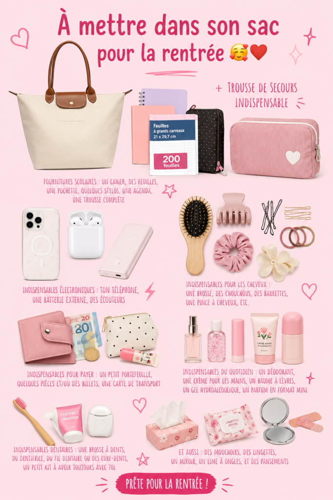 Sac de femme ouvert avec des fournitures scolaires pour la rentrée