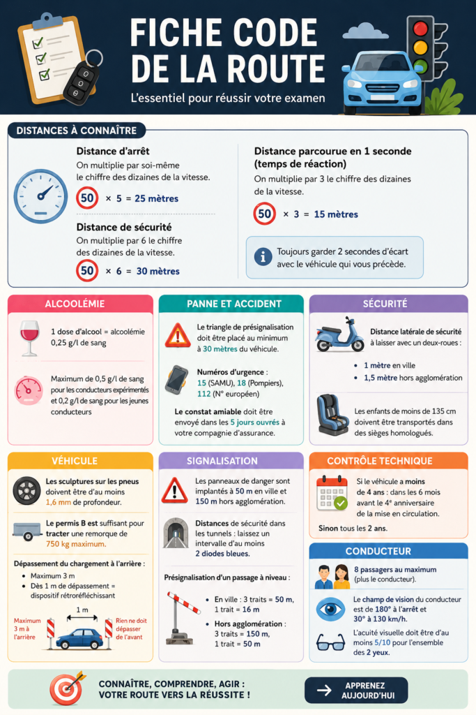 Fiche de code de la route avec graphiques colorés