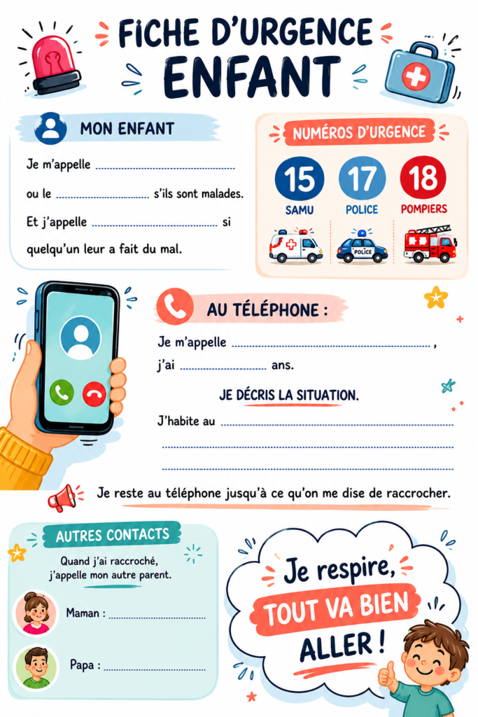 Fiche d'urgence pour enfant avec des informations essentielles et des conseils pratiques.