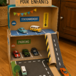 Un garage pour enfants coloré et ludique, rempli de jouets et d'espaces de jeu