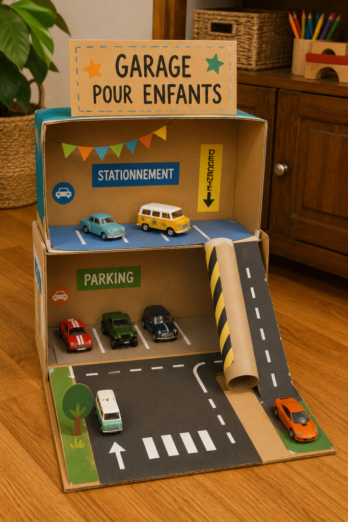Un garage pour enfants coloré et ludique, rempli de jouets et d'espaces de jeu