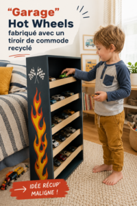 Un garage Hot Wheels fait maison à partir d'une commode recyclée, conçu pour les enfants