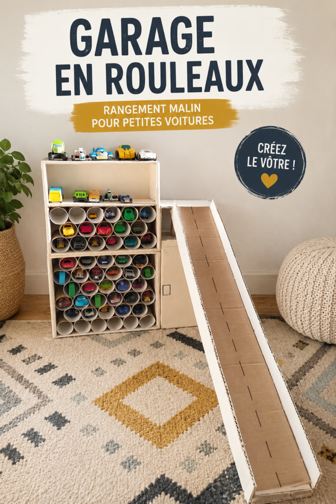 Garage pratique construit avec des tubes recyclés, esthétique et fonctionnel.