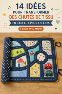 Des créations faites à partir de chutes de tissu pour enfants, exposées sur une table.