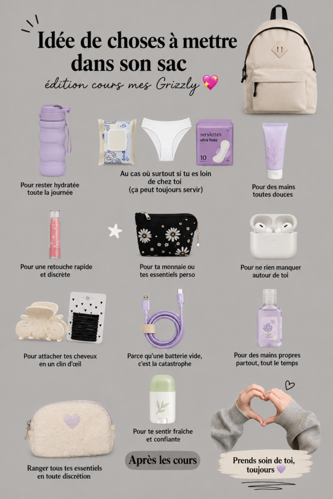 Un sac de cours bien organisé avec des fournitures et accessoires pratiques.