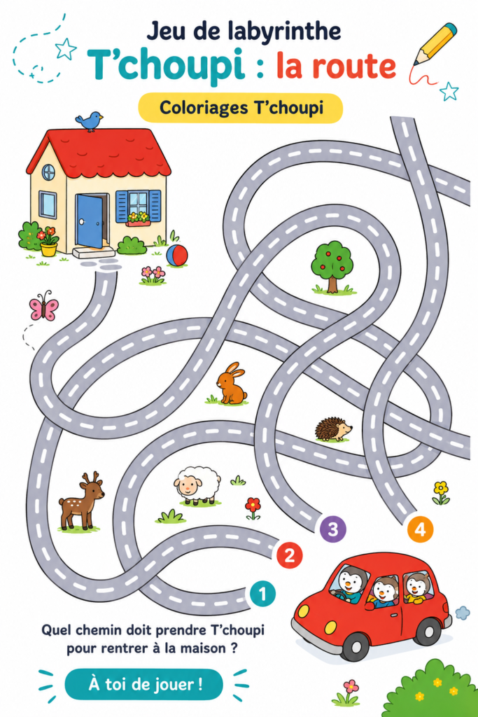 Enfant jouant avec le jeu de labyrinthe T'choupi, coloriant et s'amusant.