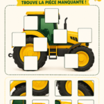Jeu de puzzle de tracteur coloré posé sur une table avec des pièces visibles.
