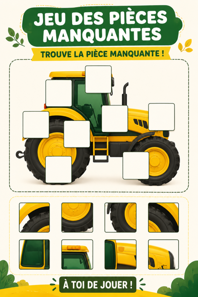 Jeu de puzzle de tracteur coloré posé sur une table avec des pièces visibles.