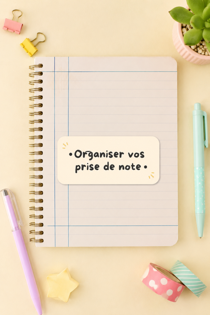Femme prenant des notes de manière organisée sur un carnet et utilisant des stylos colorés.