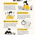 Femme révisant ses notes avant un test, assise à son bureau avec des livres et un ordinateur.