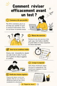 Femme révisant ses notes avant un test, assise à son bureau avec des livres et un ordinateur.