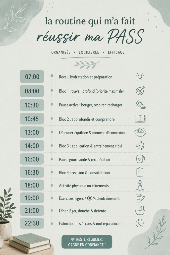 Image d'une étudiante concentrée dans un espace de travail bien organisé, symbolisant la routine d'étude.