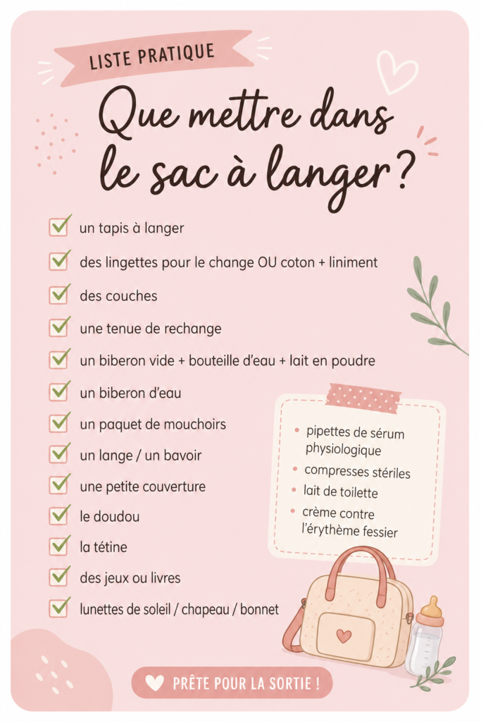 Sac à langer rempli d'objets essentiels pour sortir avec bébé.