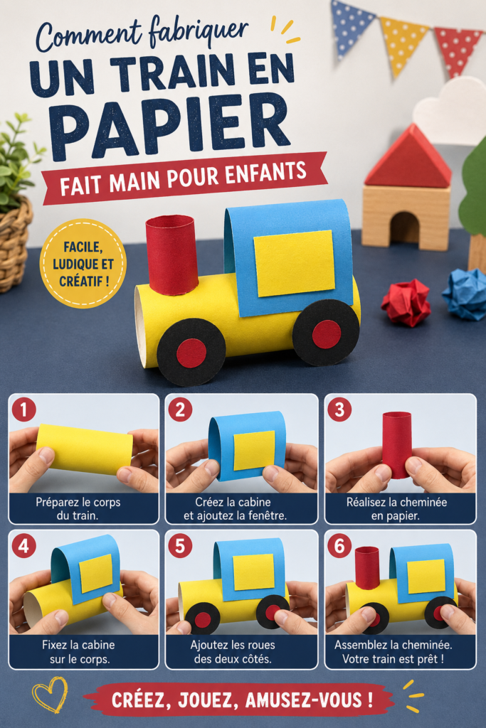 Un train en papier fait main coloré pour les enfants, posé sur une table de bricolage.
