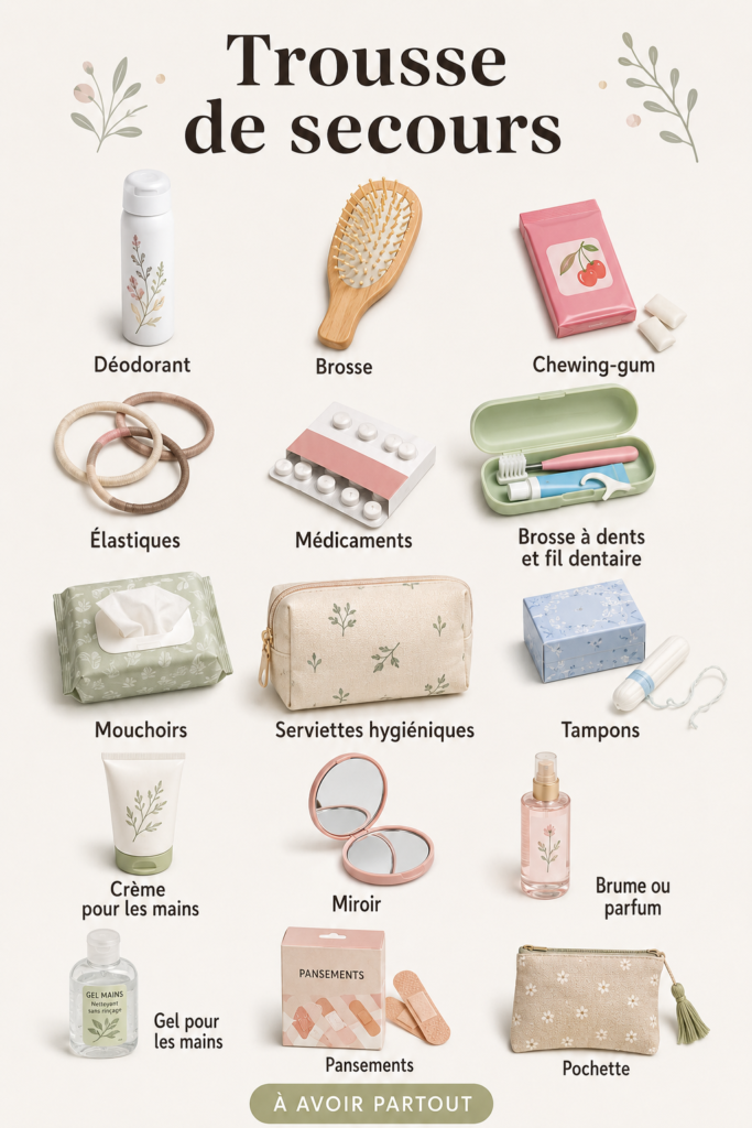 Trousse de secours ouverte montrant son contenu essentiel tels que pansements et désinfectants.