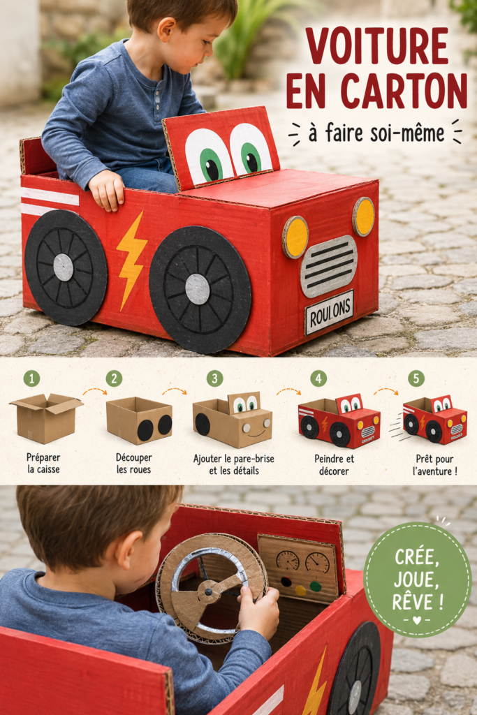 Une voiture en carton colorée fabriquée par des enfants, avec des décorations créatives.