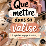 Une valise bien préparée pour un voyage scolaire, remplie de vêtements et matériels utiles.