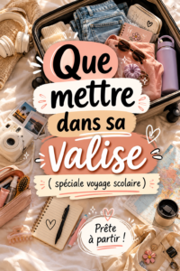 Une valise bien préparée pour un voyage scolaire, remplie de vêtements et matériels utiles.