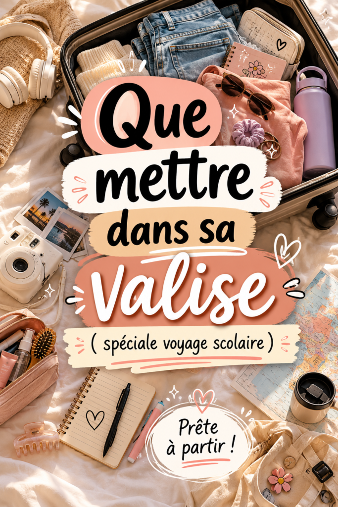 Une valise bien préparée pour un voyage scolaire, remplie de vêtements et matériels utiles.