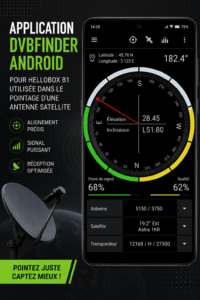 Capture d'écran de l'application DVBFinder montrant le suivi d'une parabole sur un appareil Android