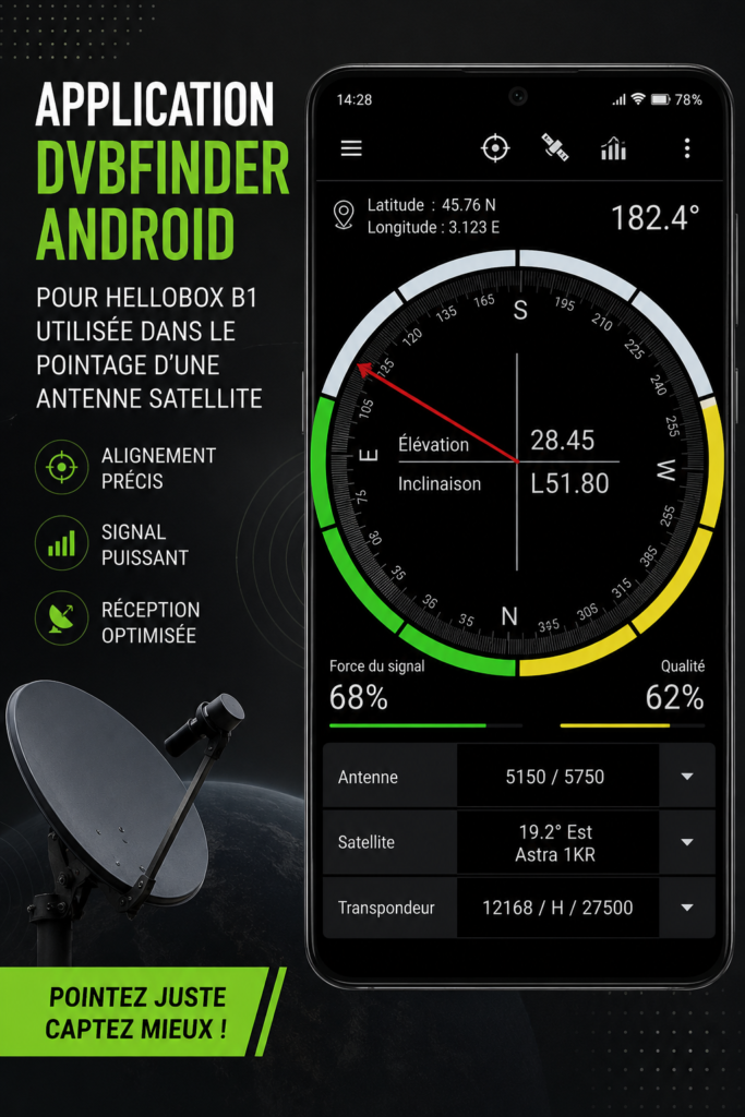 Capture d'écran de l'application DVBFinder montrant le suivi d'une parabole sur un appareil Android