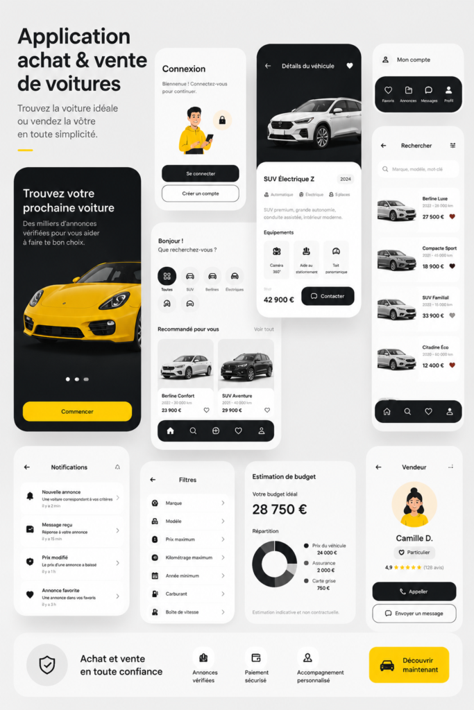 Image représentant une femme utilisant une application sur son smartphone pour acheter une voiture.