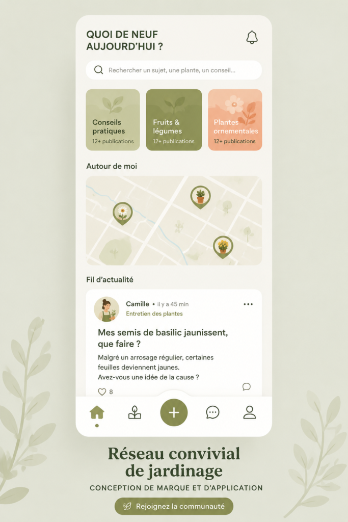 Illustration d'une application de jardinage conviviale sur un smartphone, mettant en avant des plantes colorées.