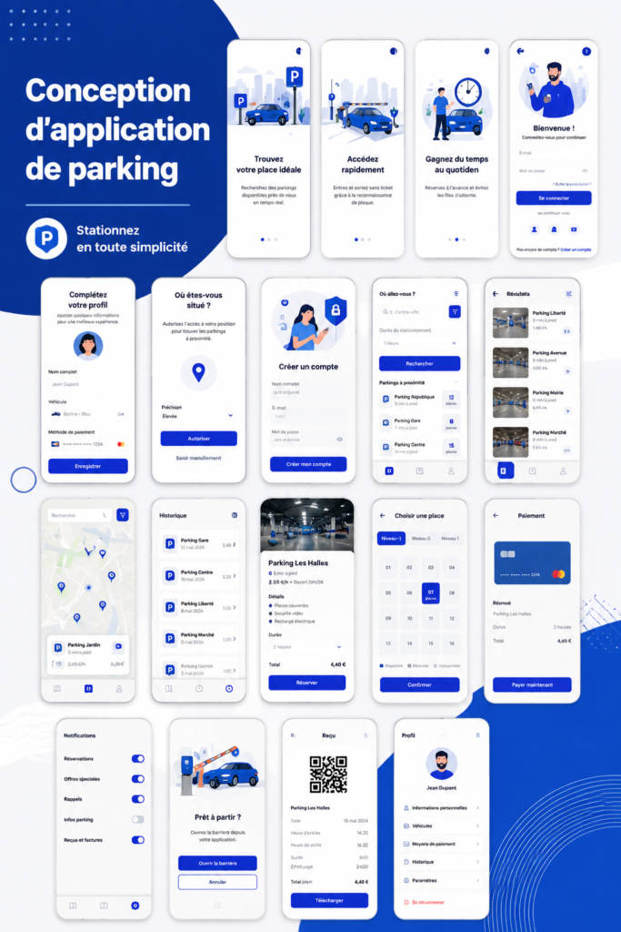 Capture d'écran d'une application de stationnement avec interface utilisateur claire
