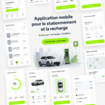 Capture d'écran d'une application de stationnement montrant des places disponibles et des bornes de recharge.