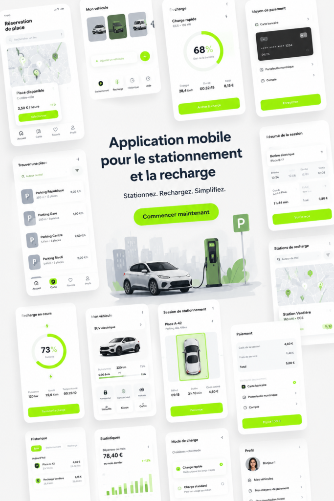Capture d'écran d'une application de stationnement montrant des places disponibles et des bornes de recharge.