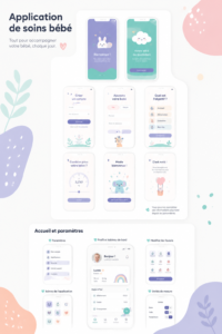 Photo de plusieurs applications de soins pour bébés sur un smartphone.